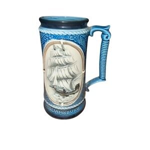 Vtg Williamsburg Blue Stoneware Beer Stein Sailing Ship Relief Colonial Mug